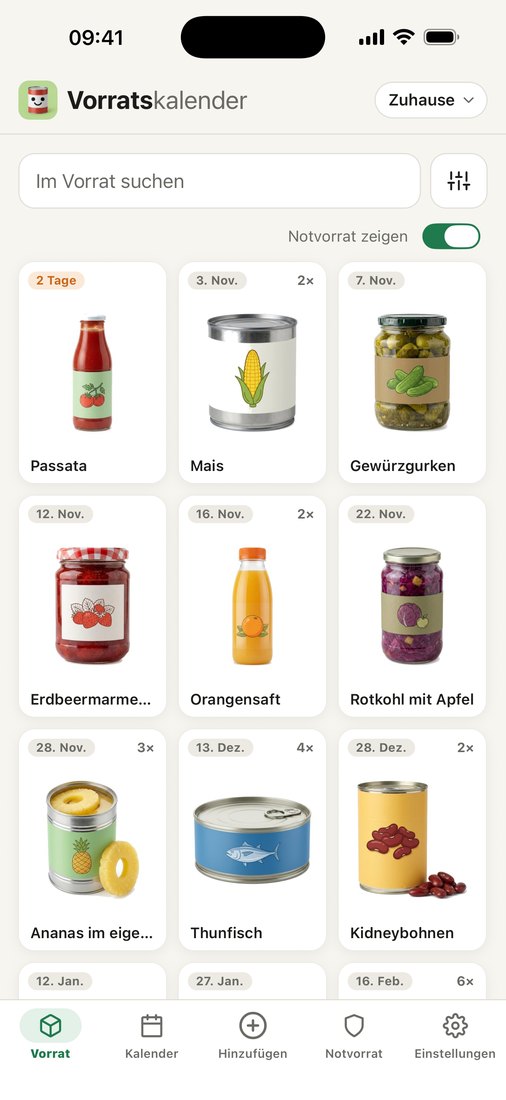 Der Bildschirm Vorrat mit Kacheln von Produkten und bei jedem Produkt das Datum.